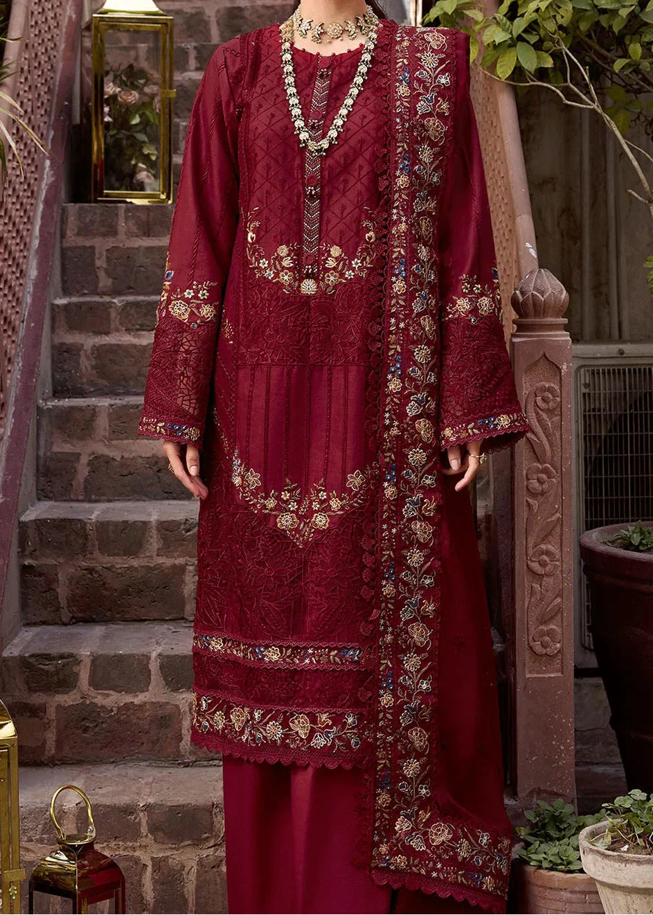 SMT Z-(W971) - Stitched Embroidered 3pc Marina Dress With Printed Shawl.