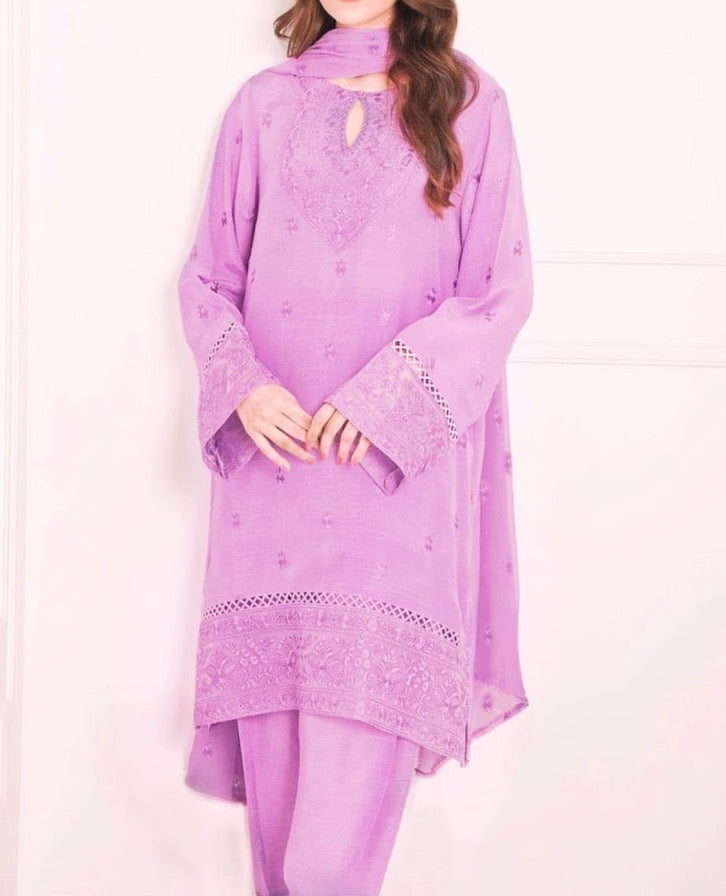 SMT W92 -Embroidered 3pc khaddar dress With embroidered pashmina Khaddar shawl