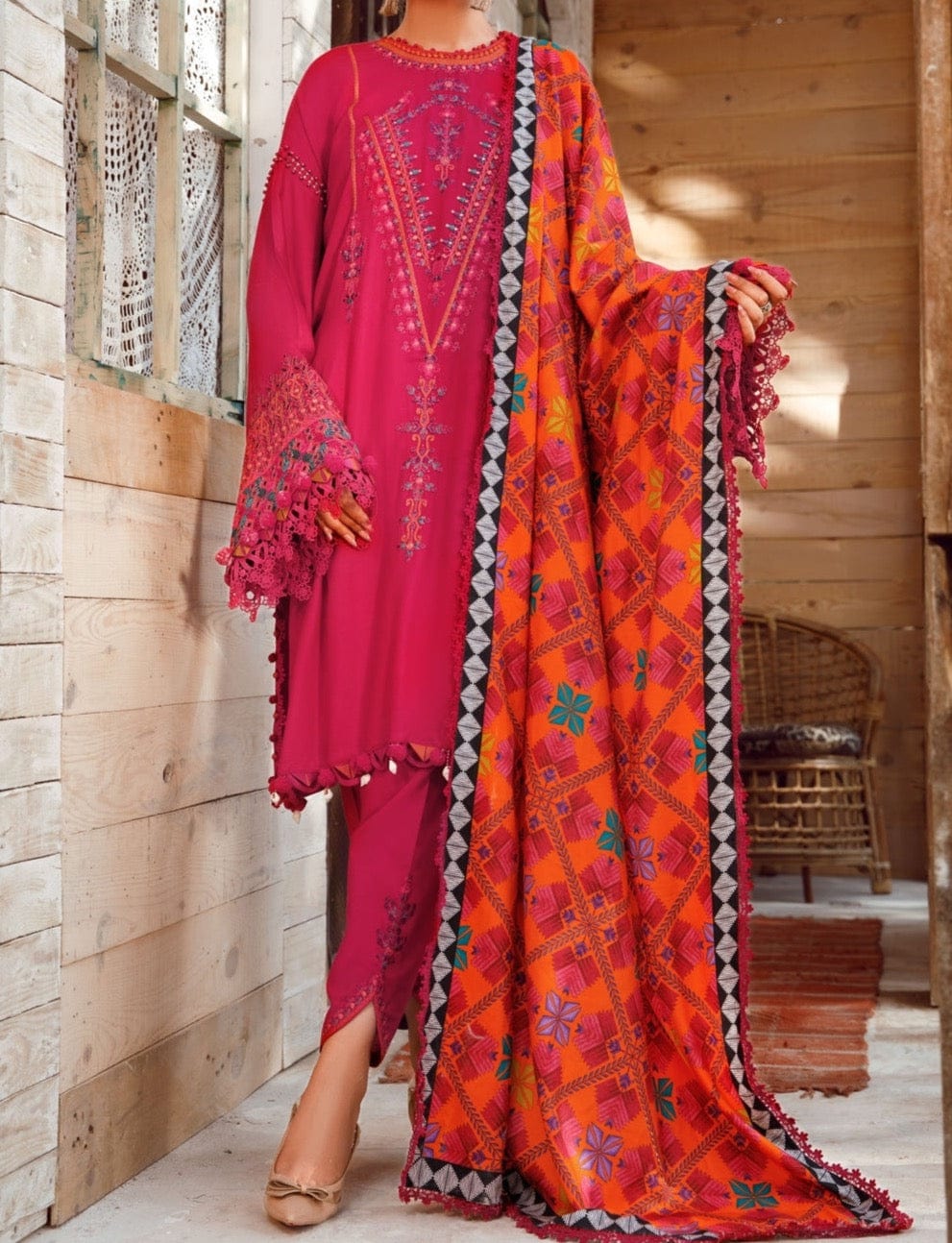 SMT W134 -Embroidered 3pc Marina dress With printed shawl