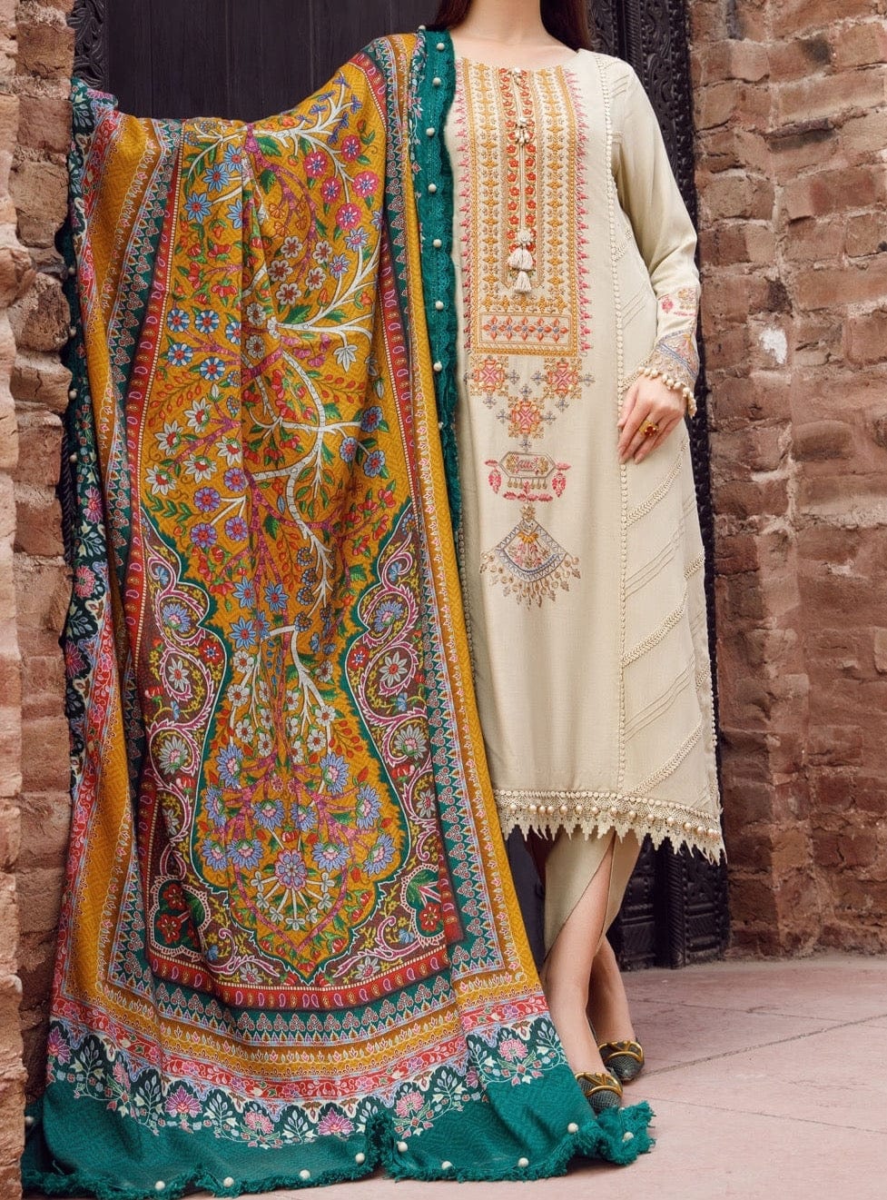 SMT W143 -Embroidered 3pc Marina dress With printed shawl
