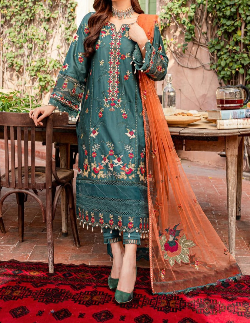 SMT W305- Embroidered 3pc linen dress with Embroidered chiffon dupatta.