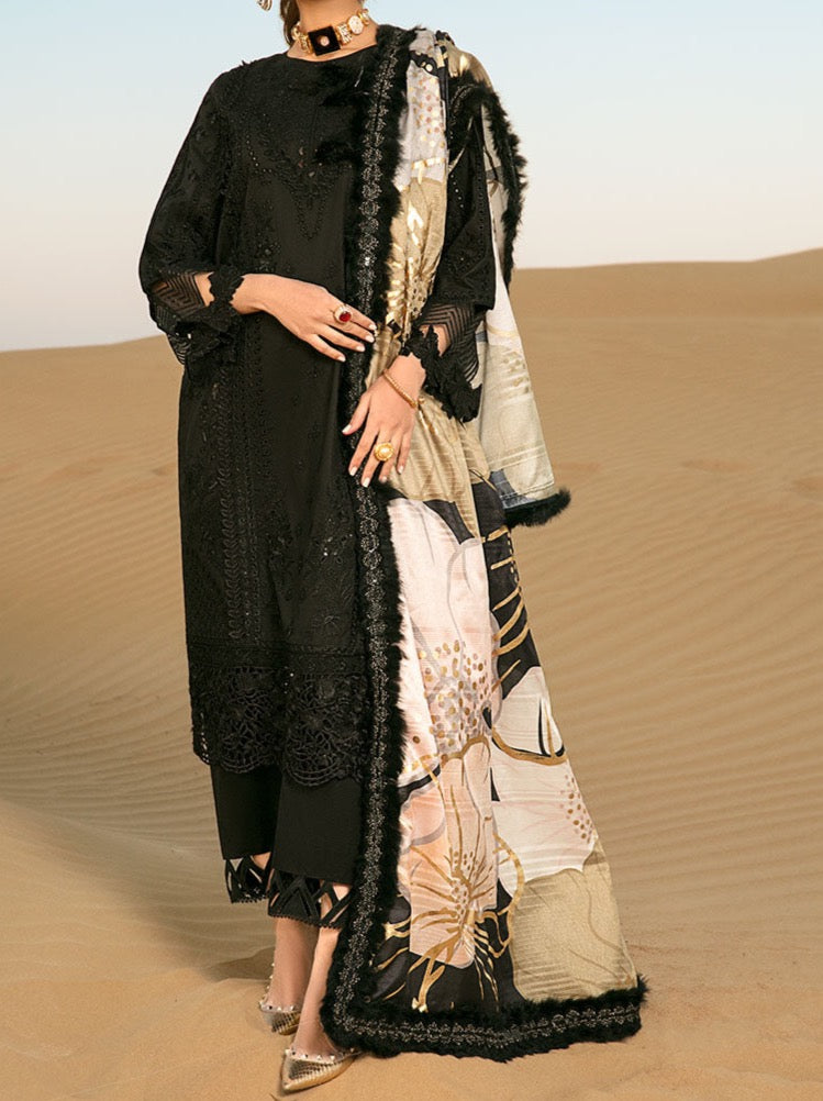 SMT S598 -Embroidered ChikanKari 3pc lawn dress with digital printed silk dupatta