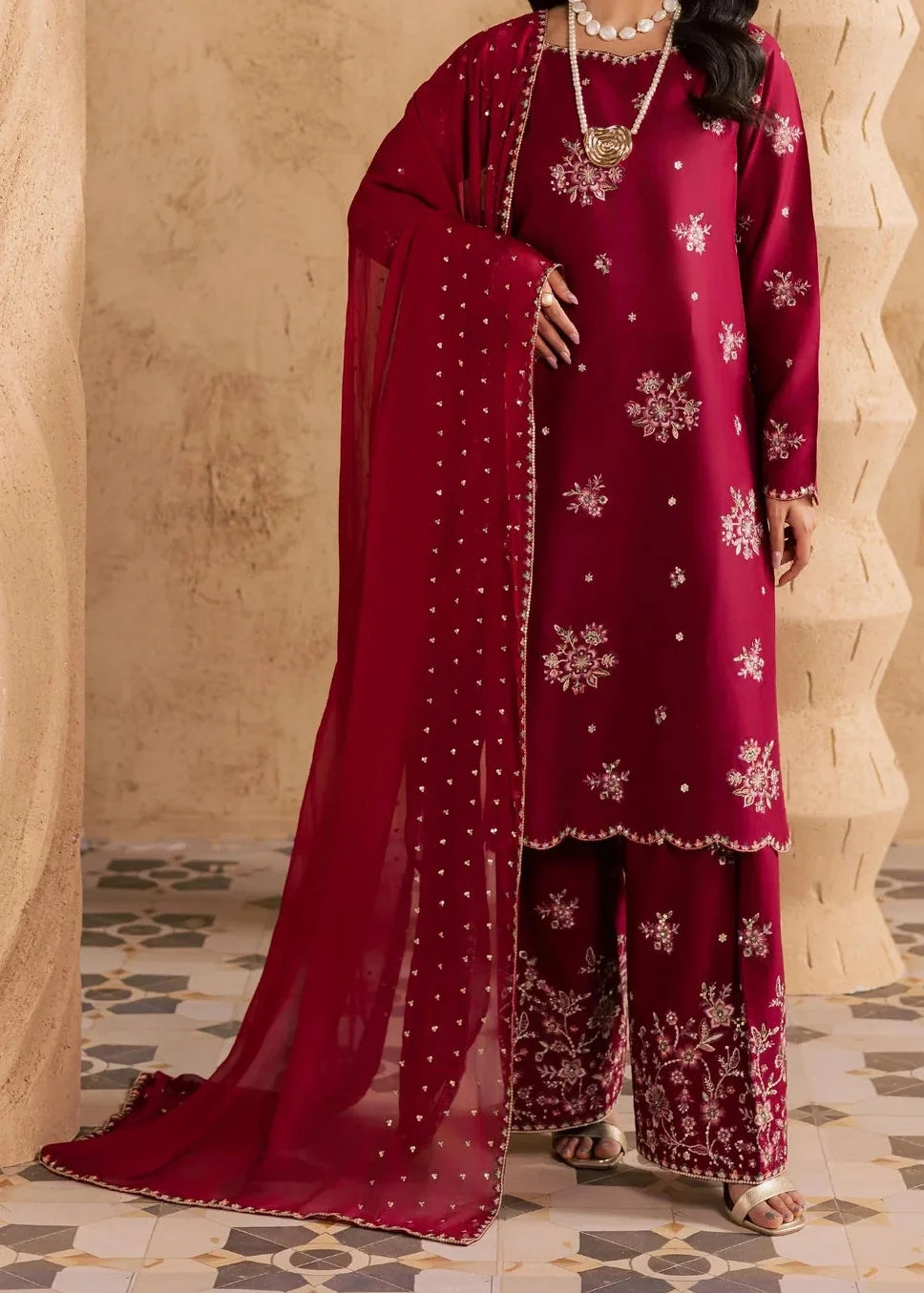 SMT S1528 - Embroidered Sequence 3pc Lawn Dress With Embroidered Sequence Chiffon Dupatta.