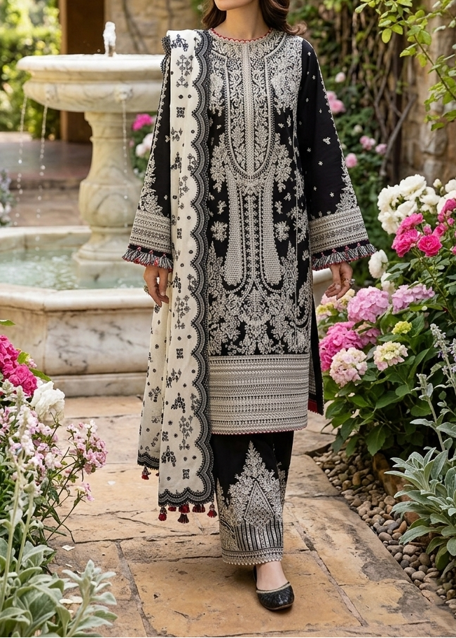 SMT S1147-Embroidered 3pc Lawn Dress With Embroidered Munar Net Dupatta.
