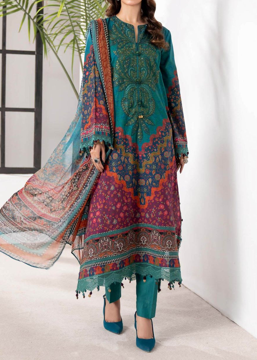 SMT S1366 - Printed & Embroidered 3pc Lawn Dress With Embroidered Chiffon Dupatta.