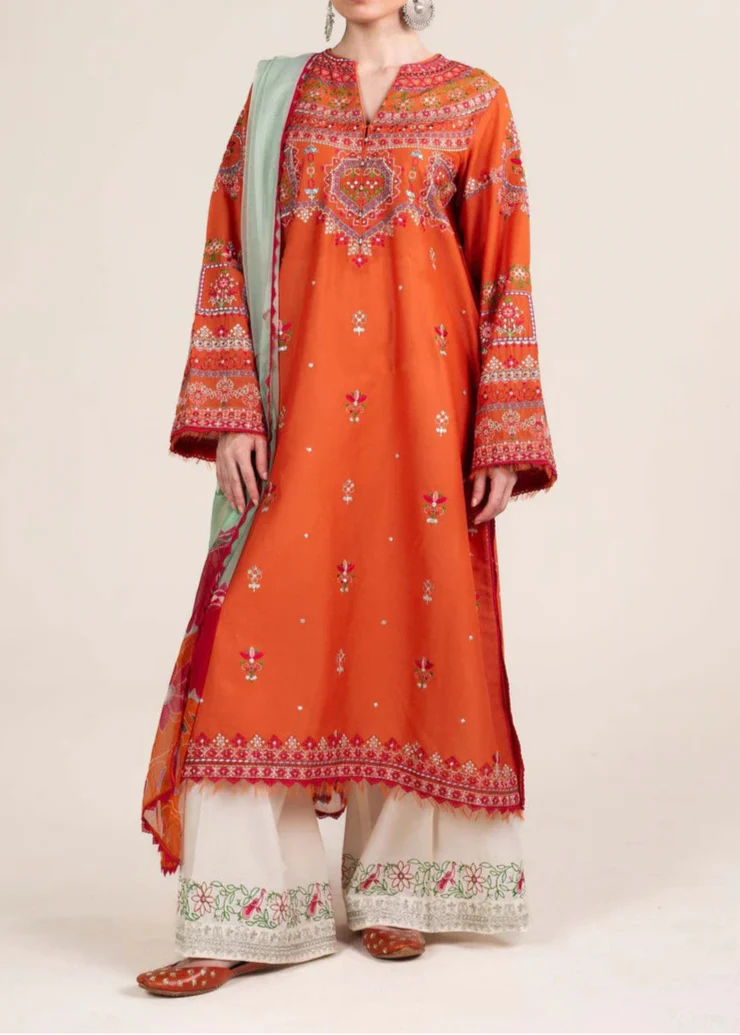 SMT W609-Embroidered 3pc Marina Dress With Printed Shawl.
