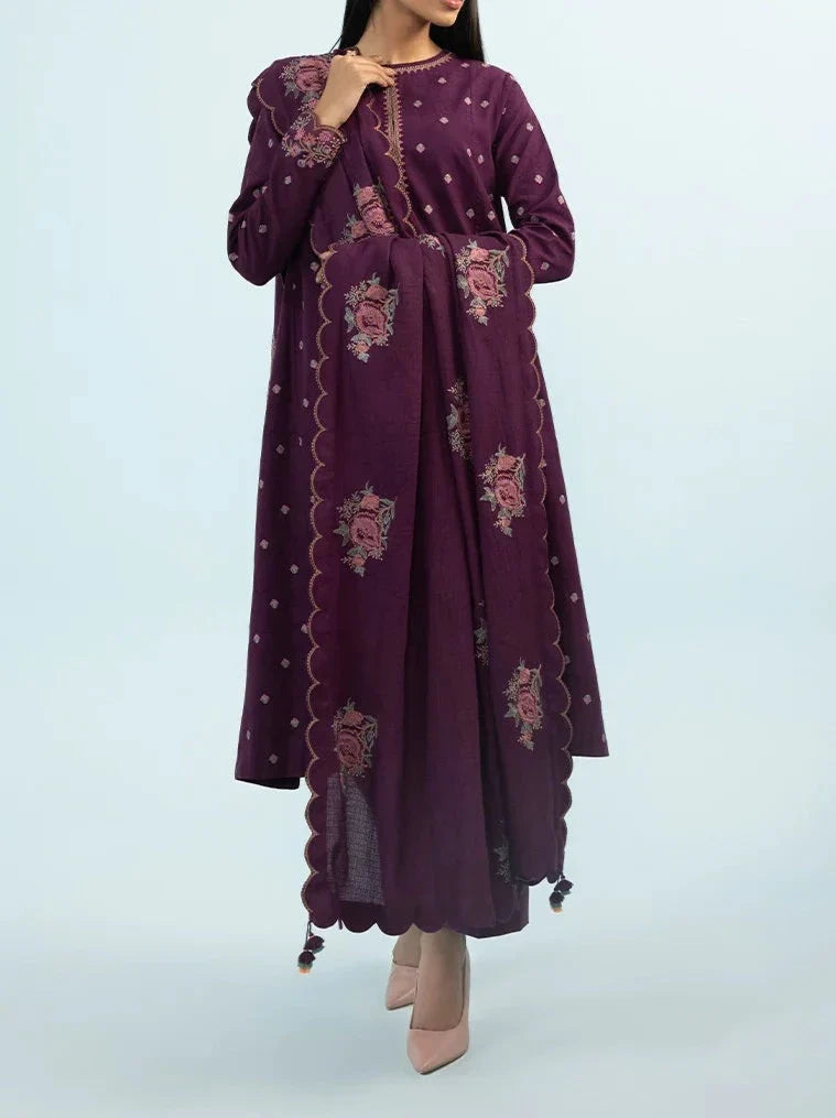 SMT W414-Embroidered 3pc karandi dress With Embroidered Karandi Shawl.
