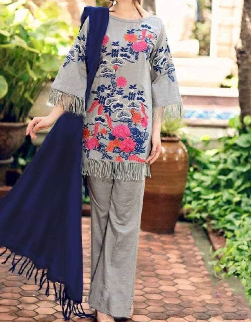 SMT W240-Embroidered 3pc pashmina khaddar dress With wool bumble shawl