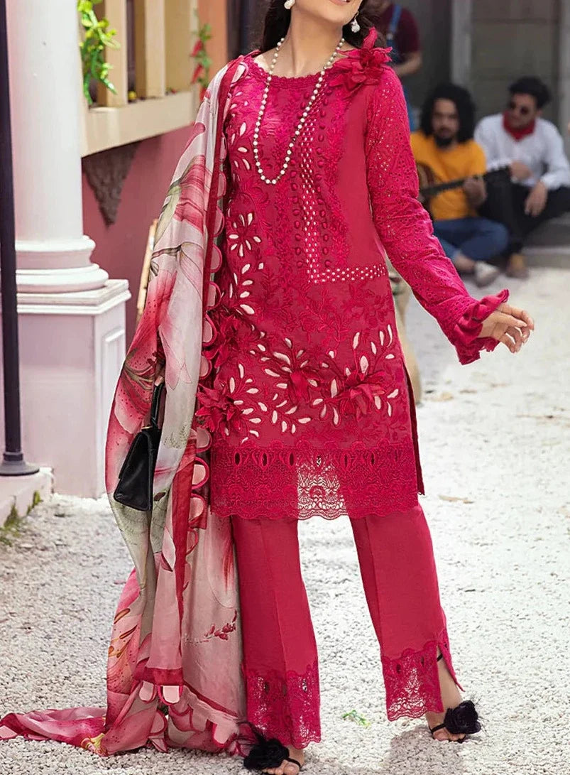 SMT S597 -Shifli Embroidered in Laser cutwork & 3D flowers 3pc lawn dress with Printed Silk dupatta.