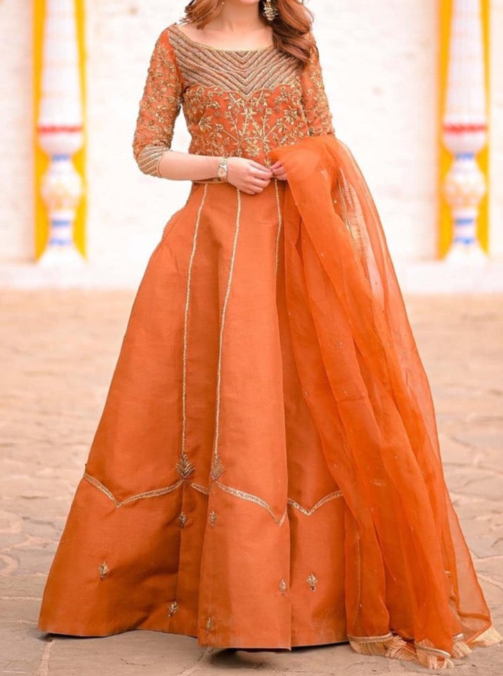 SMT S594-Embroidered 3pc Kataan Silk dress With Embroidered Organza dupatta.
