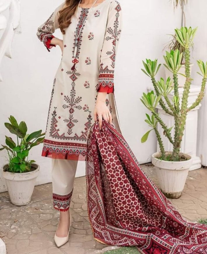 SMT S541- Embroidered 3pc lawn dress with Printed chiffon dupatta.