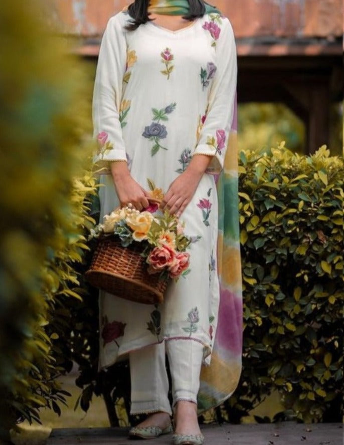 SMT W293- Embroidered 3pc linen dress with Printed wool shawl.