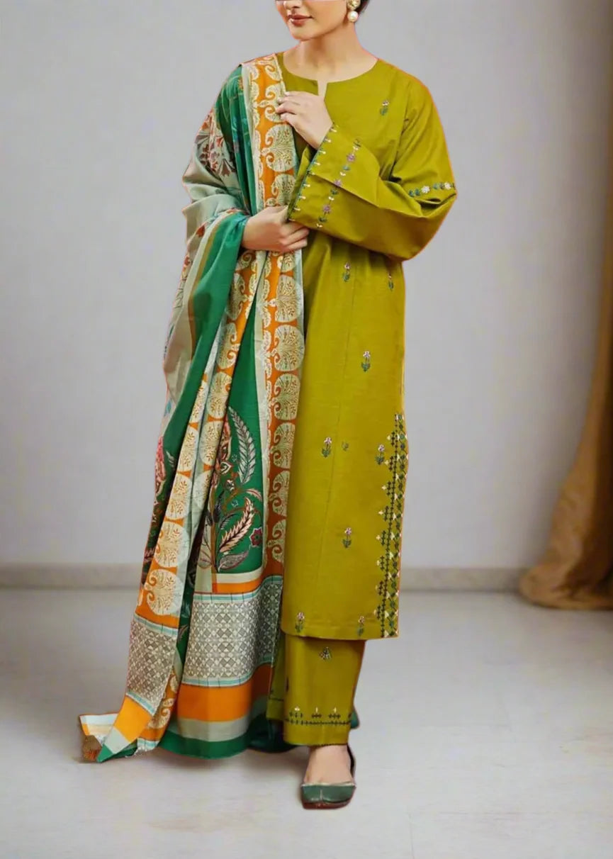 SMT S1073-Embroidered 3pc Lawn dress with Printed Munar Dupatta.