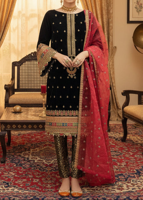 SMT A57- Embroidered 3pc velvet dress with embroidered organza dupatta