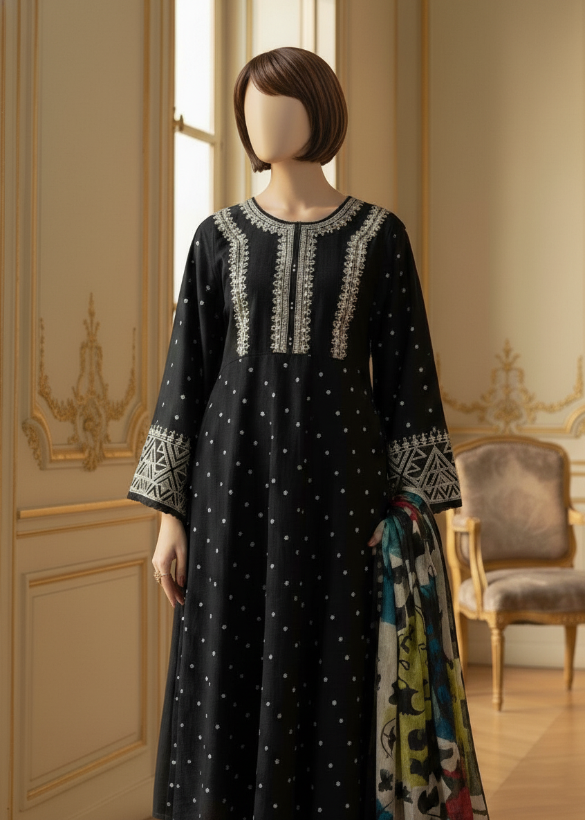 SMT W532-Embroidered 3pc marina dress with Printed shawl.