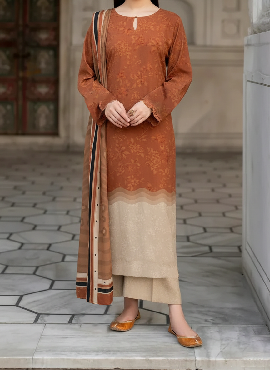 SMT W837 - Digital Printed 3pc Karandi Dress With Digital Printed Karandi Shawl.