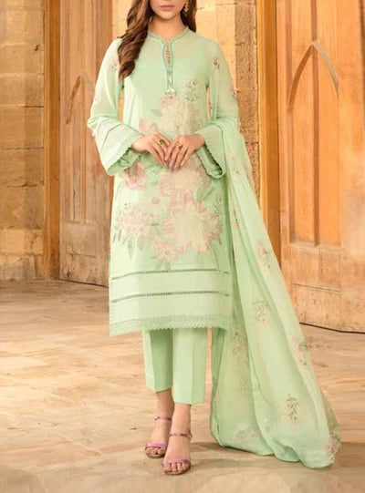 SMT W76 - Embroidered 3pc linen dress with embroidered chiffon dupatta.