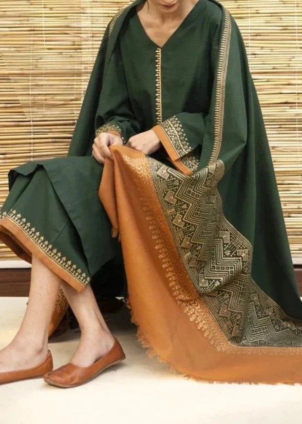 SMT W518-Embroidered 3pc marina dress with Printed shawl.