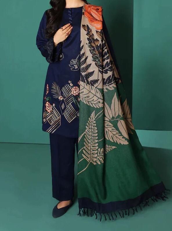 SMT S501-Embroidered 3pc lawn dress with printed silk dupatta.