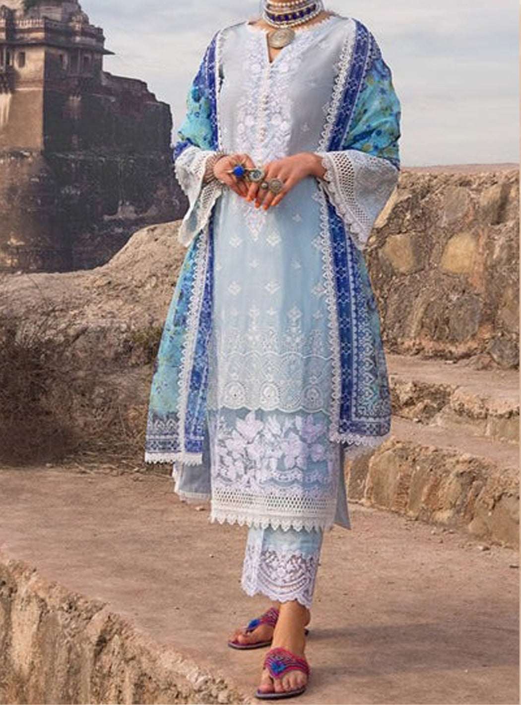 SMT S504-Embroidered 3pc lawn chickan dress with printed cotton net dupatta.