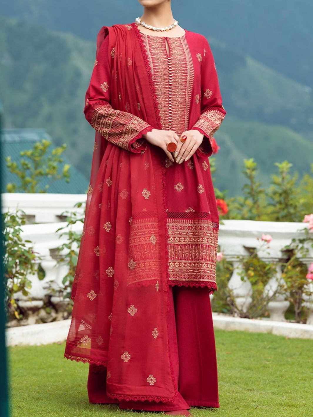 SMT W115 -Embroidered 3pc marina dress with embroidered chiffon dupatta