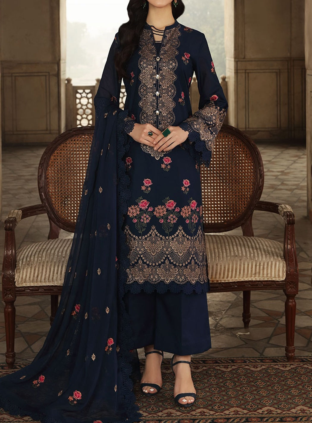 SMT W98 - Embroidered 3pc linen dress with embroidered chiffon dupatta.