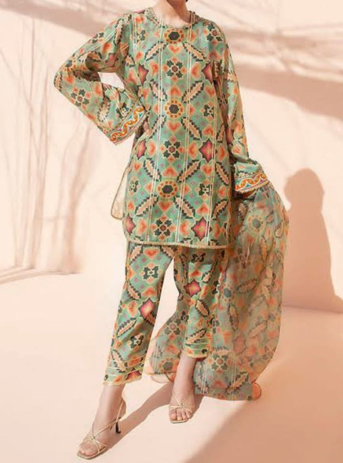 SMT W235- Printed 3pc soft crepe  dress With Printed organza dupatta.