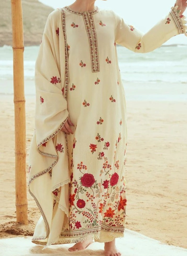 SMT W238-Embroidered 3pc marina dress with Embroidered marina shawl.