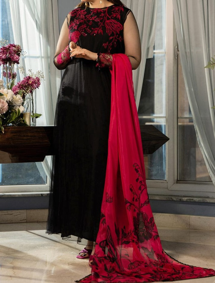 SMT W243-Embroidered 3pc organza dress with Printed organza duppata.