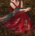 SMT W245- Embroidered 3pc Kataan Silk dress With Printed organza dupatta.