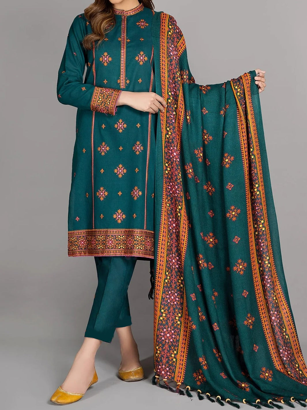 SMT W260- Embroidered 3pc linen dress with Embroidered linen shwal.