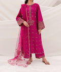SMT W279- Embroidered 3pc linen dress with Embroidered chiffon dupatta.