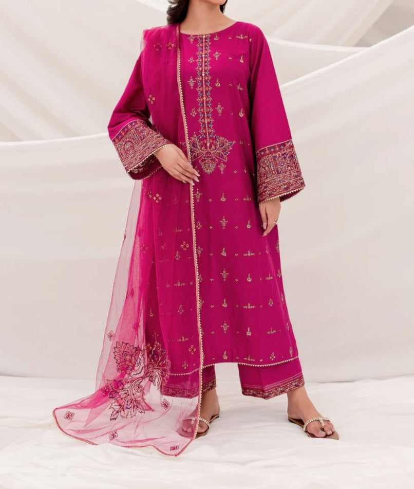 SMT W279- Embroidered 3pc linen dress with Embroidered chiffon dupatta.