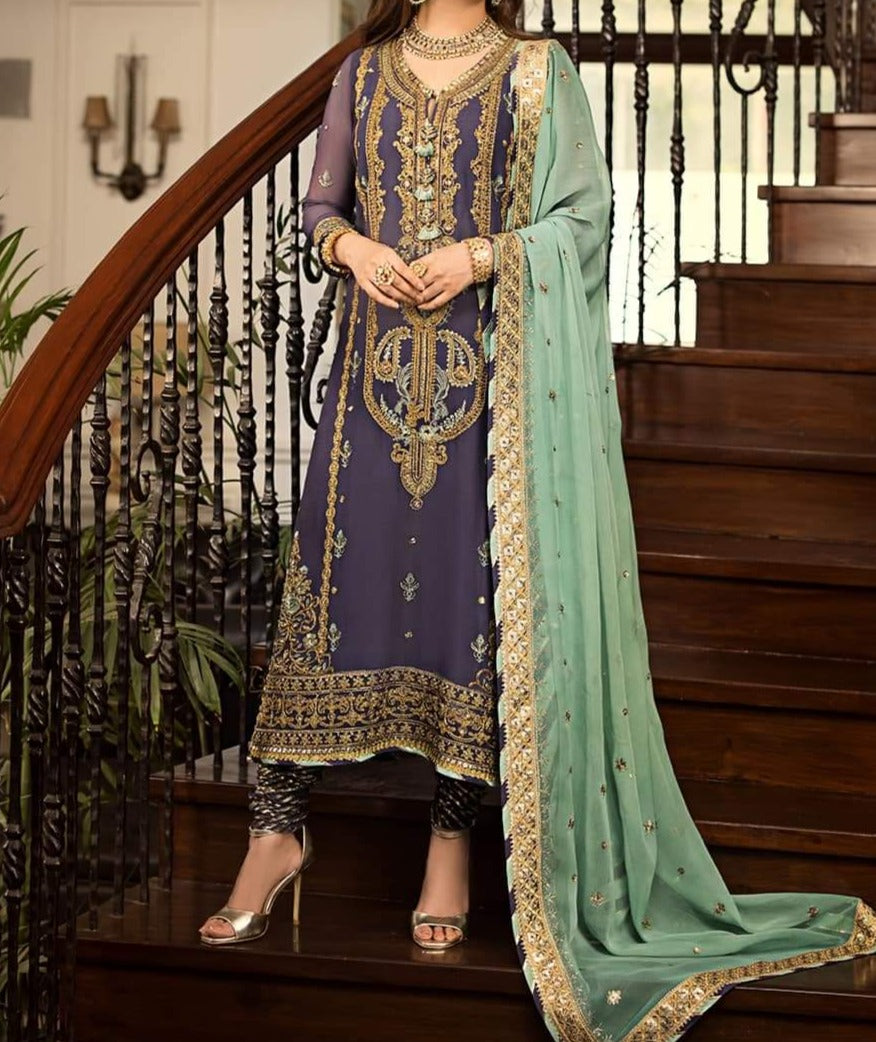 SMT W335- Embroidered 3pc Linen dress with Embroidered Chiffon dupatta.