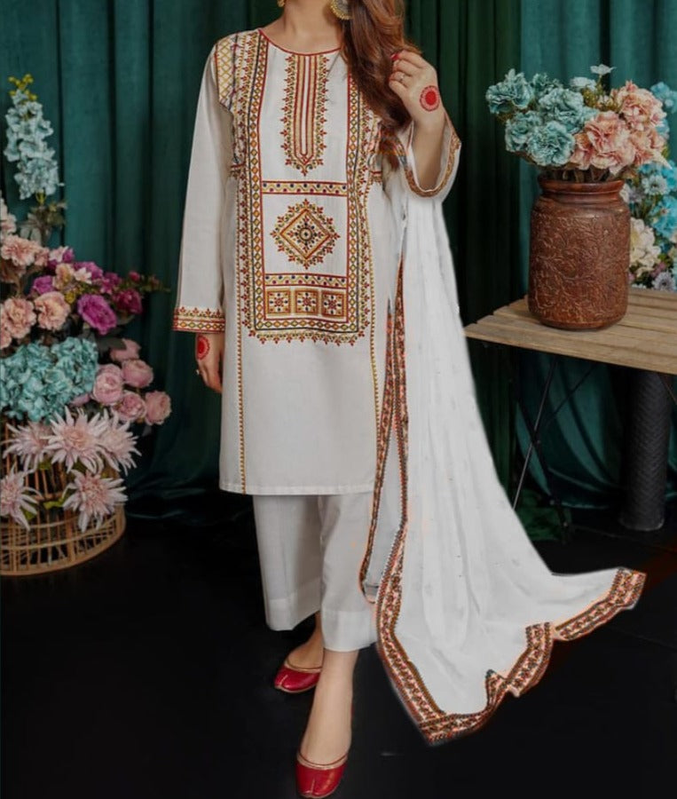 SMT W329-Embroidered 3pc khaddar dress With Embroidered Poly Viscous shwal.