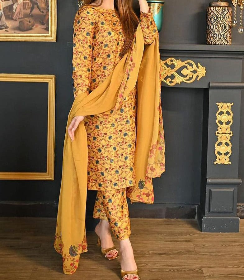 SMT W324-Printed 3pc Kataan Silk dress With Printed chiffon dupatta.