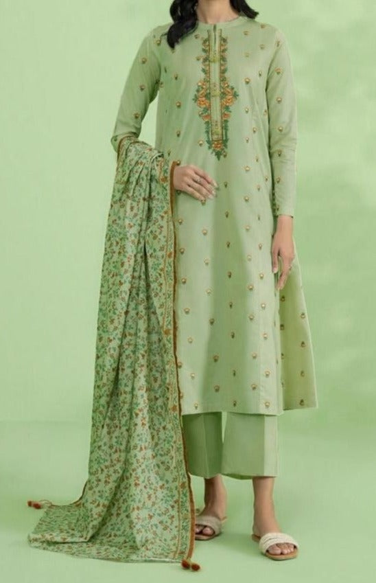 SMT W347- Embroidered 3pc Linen dress with Printed  dupatta.