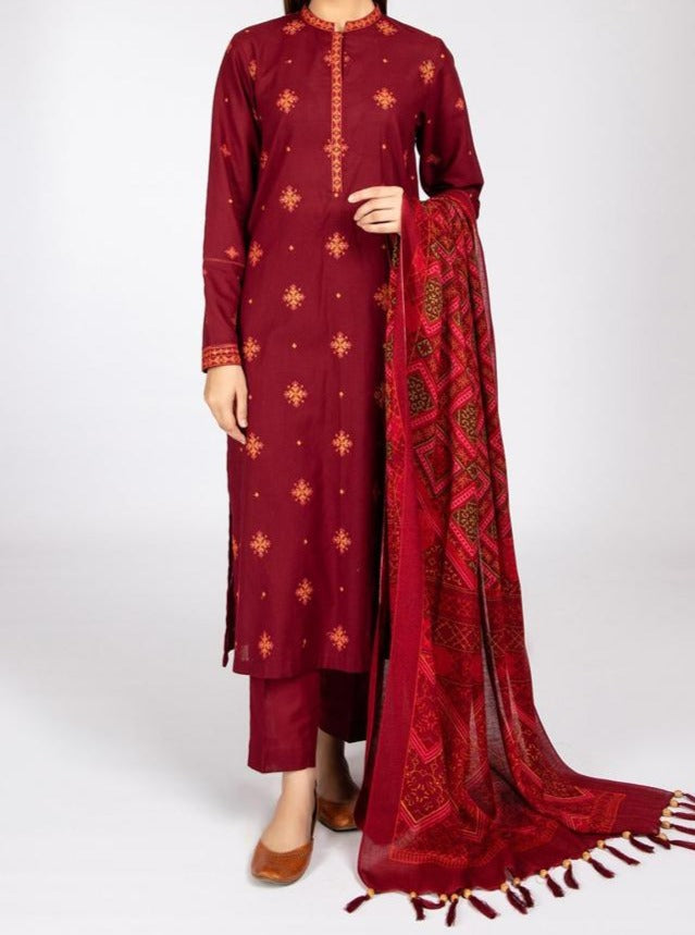SMT W378-Embroidered 3pc Marina dress with Printed wool shawl.
