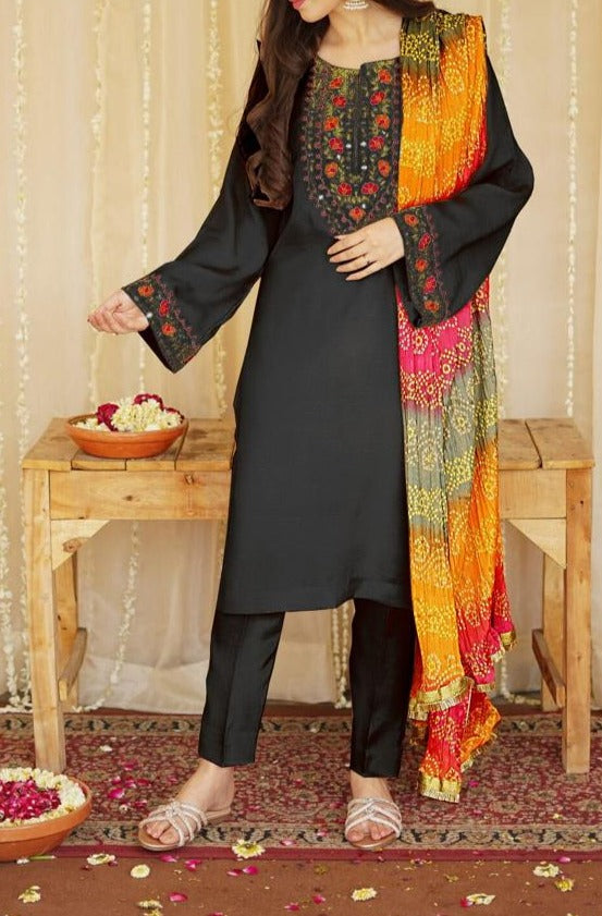 SMT W398- Embroidered 3pc marina dress with Printed silk dupatta .