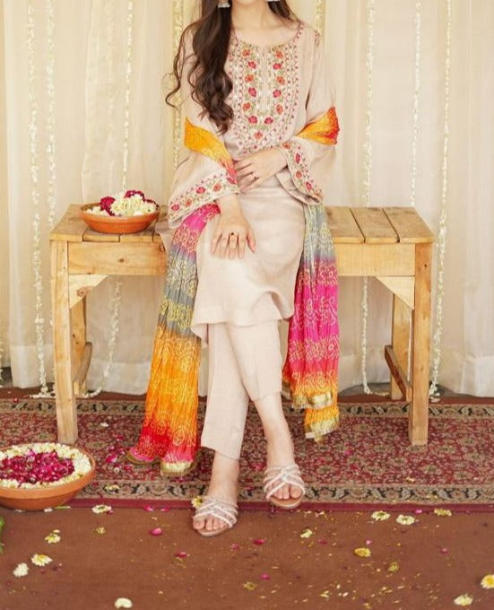 SMT W403- Embroidered 3pc marina dress with Printed wool shawl.