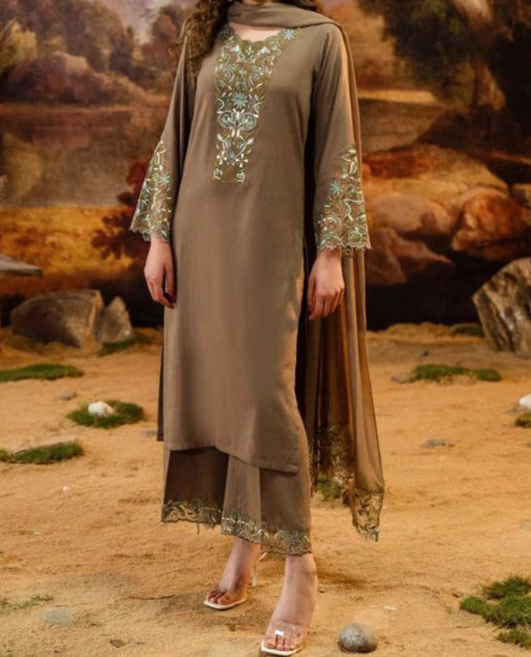 SMT W401- Embroidered 3pc marina dress with Embroidered marina shawl.
