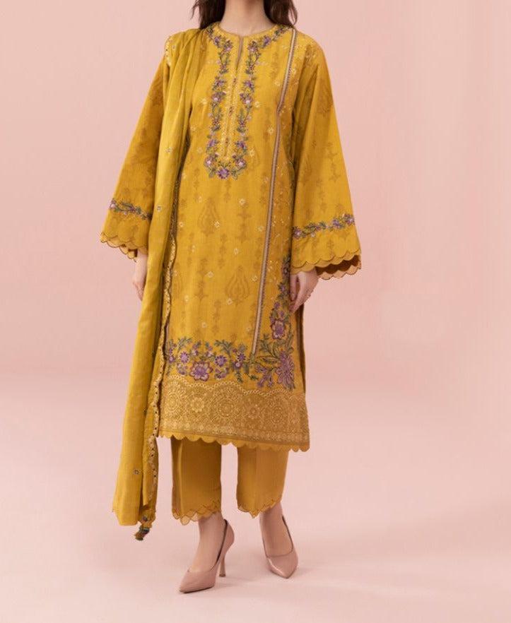 SMT W407- Embroidered 3pc linen dress with Embroidered chiffon dupatta.