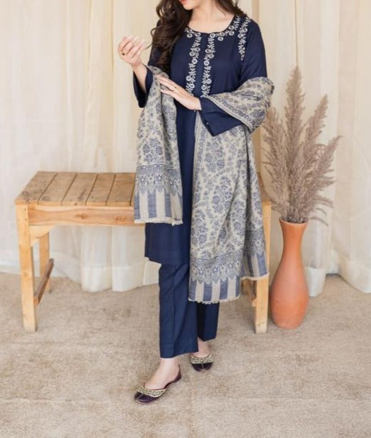 SMT W394- Embroidered 3pc marina dress with Printed wool shawl.