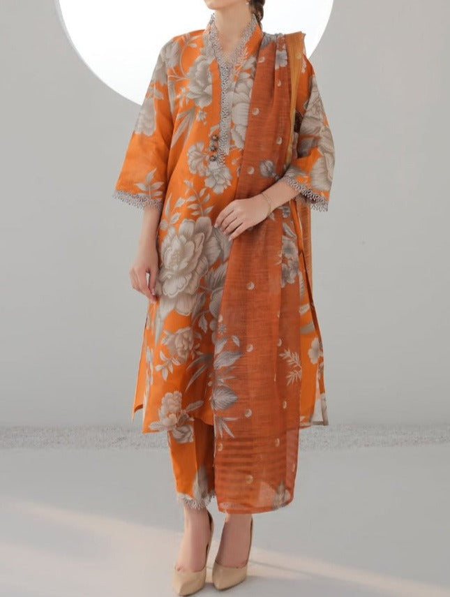 SMT W406-Printed 3pc karandi dress with Printed karandi net dupatta.