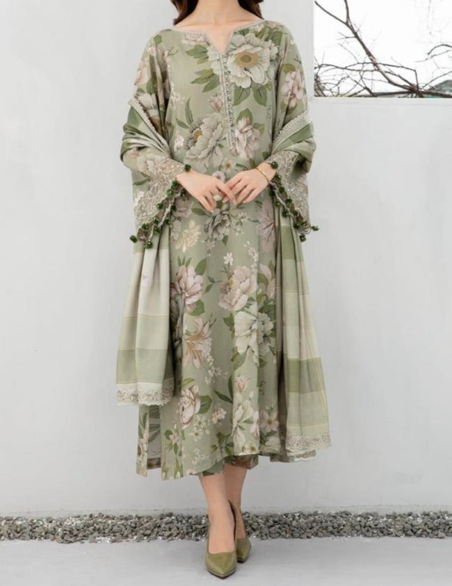SMT W421-Printed 3pc karandi dress with Printed karandi dupatta.