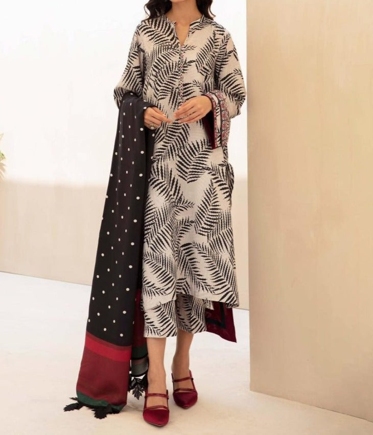 SMT W434-Printed 3pc karandi dress with Printed karandi net dupatta.