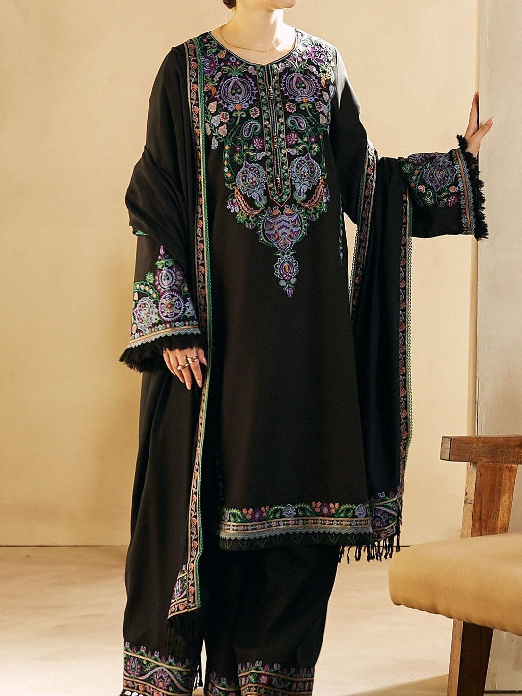 SMT W439- Embroidered 3pc marina dress with Embroidered marina shawl.