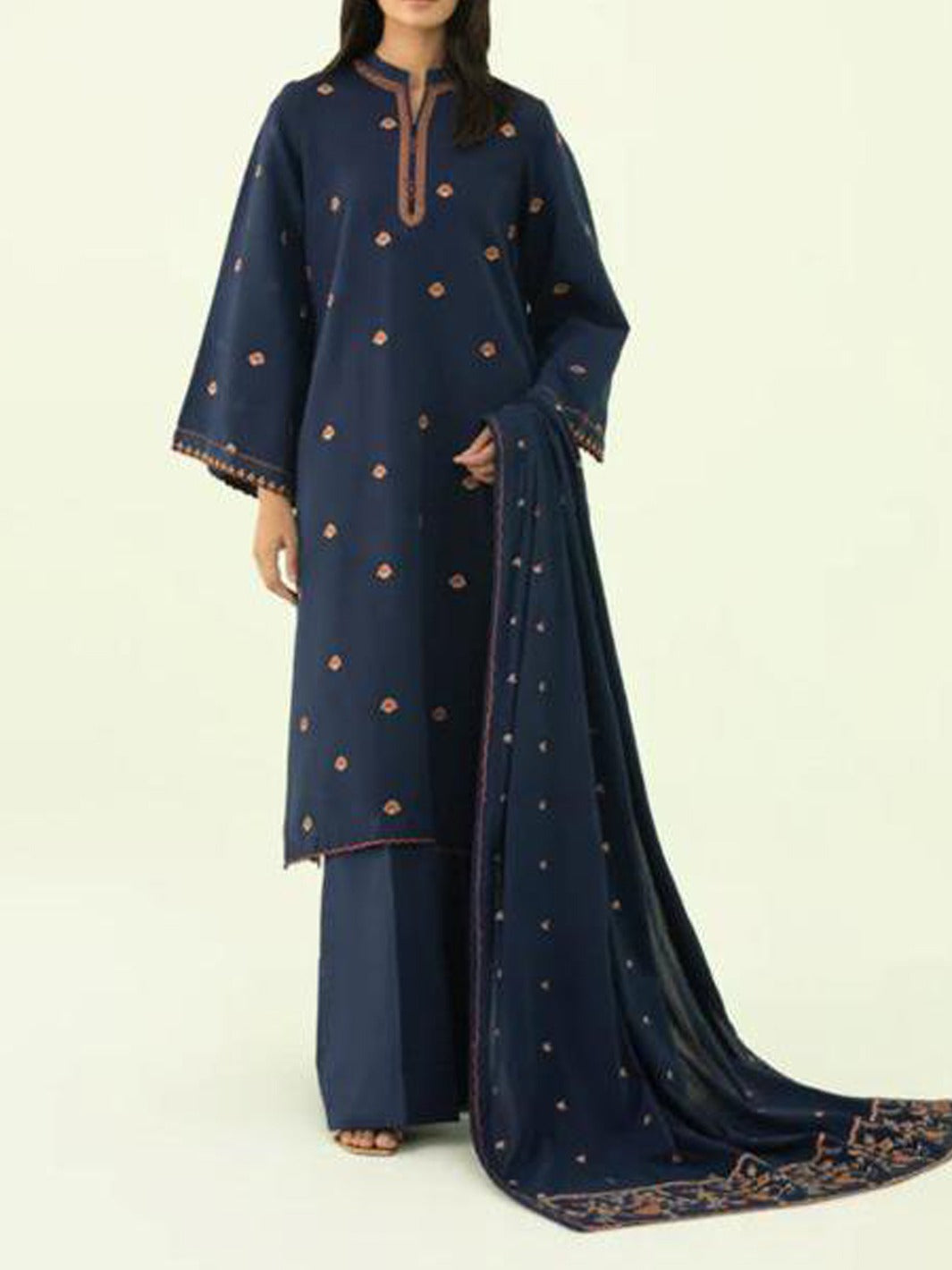 SMT W440- Embroidered 3pc marina dress with Embroidered marina shawl.
