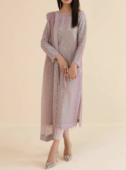 SMT S554-Embroidered Sequence 3pc Organza Dress with Embroidered organza dupatta
