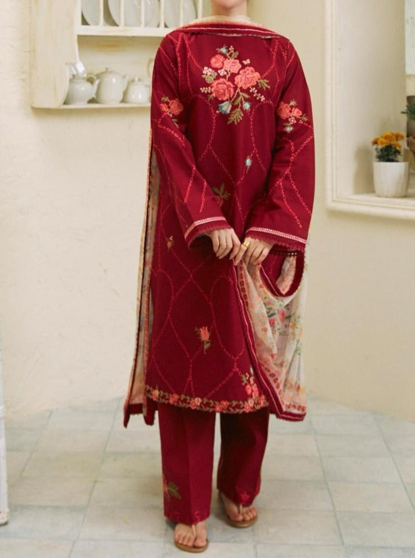 SMT S568-Embroidered 3Pc Chickan Lawn with Printed Cotton Net dupatta.